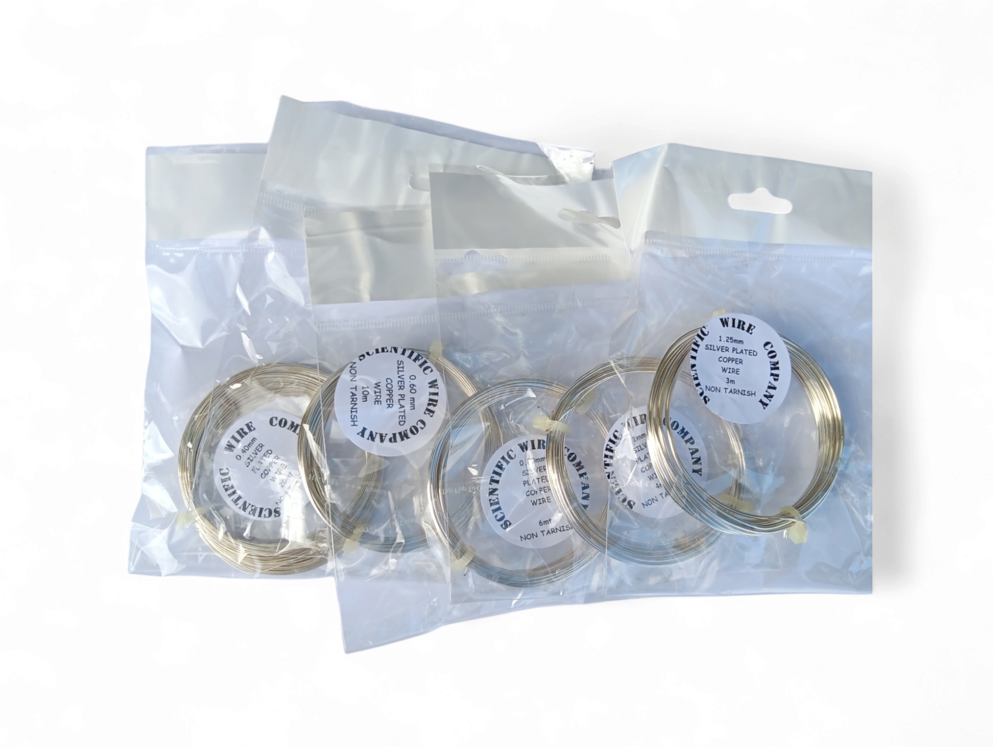 NON TARNISH Silver Plated Sample 6 PACK     0.4mm / 0.6mm / 0.8mm / 1mm / 1.25mm 1.50mm Coils