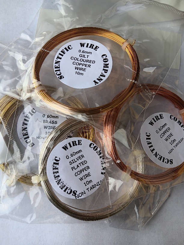 Sample Pack 0.6mm 4x 10Metres, 1 each of Gilt / Silver Plated / Brass / Copper