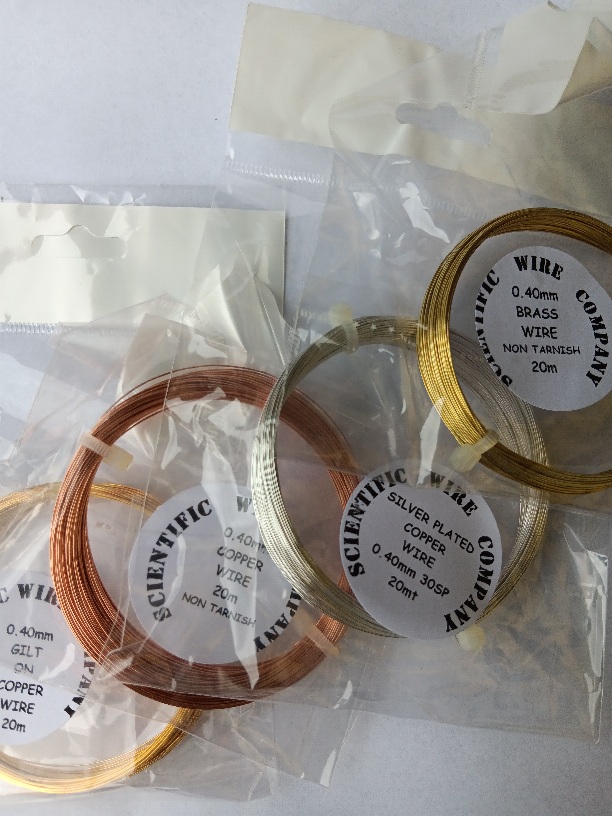 Sample Pack 0.4mm 4x 20 Metres, 1 each of Gilt / Silver Plated / Brass / Copper