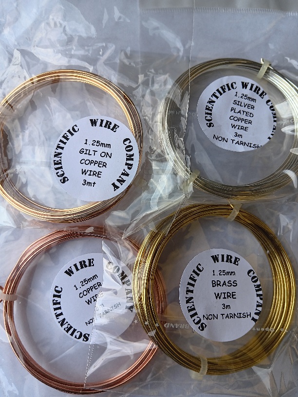 Sample Pack 1.25mm 4x 3 Metres, 1 each of Gilt / Silver Plated / Brass / Copper